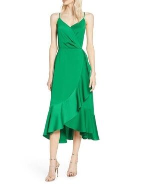 CHELSEA28 Green Drape A-Line Ruffle V-Neck Faux Wrap Midi Dress M Nordstrom